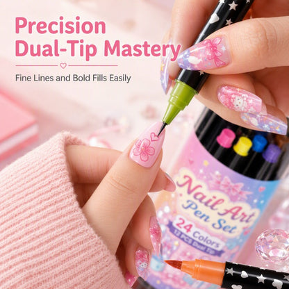 🎨24-Color Dual-Ended Nail Art Pen Set 🌈— Fine Liner + Brush Tips💅