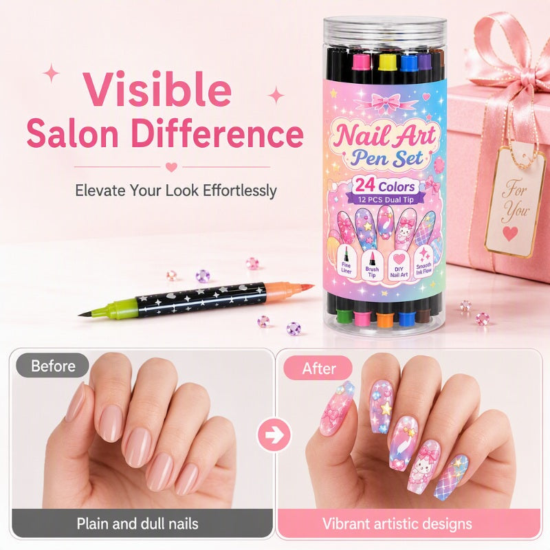 🎨24-Color Dual-Ended Nail Art Pen Set 🌈— Fine Liner + Brush Tips💅