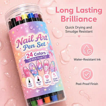 🎨24-Color Dual-Ended Nail Art Pen Set 🌈— Fine Liner + Brush Tips💅